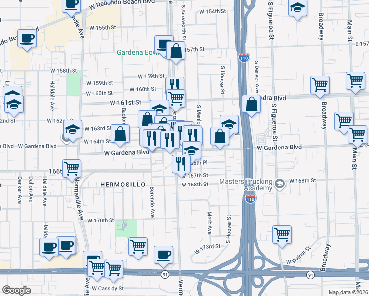 map of restaurants, bars, coffee shops, grocery stores, and more near 16420 South Ainsworth Street in Gardena