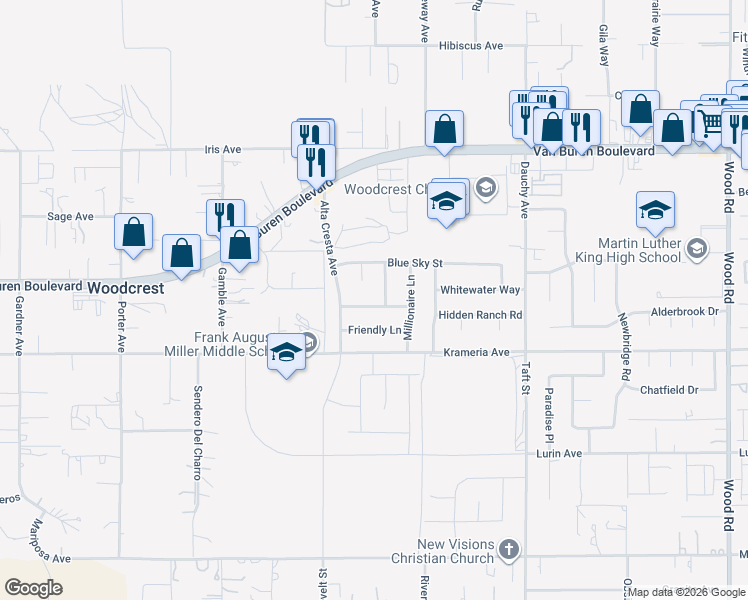 map of restaurants, bars, coffee shops, grocery stores, and more near 18142 Homeland Lane in Riverside