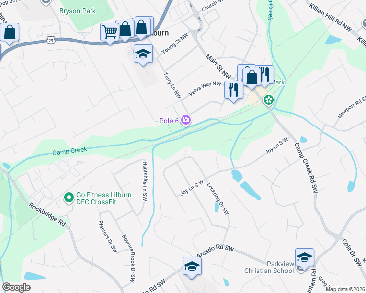 map of restaurants, bars, coffee shops, grocery stores, and more near 43 Bailey Drive Southwest in Lilburn