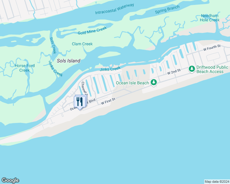 map of restaurants, bars, coffee shops, grocery stores, and more near 2 Becky Street in Ocean Isle Beach