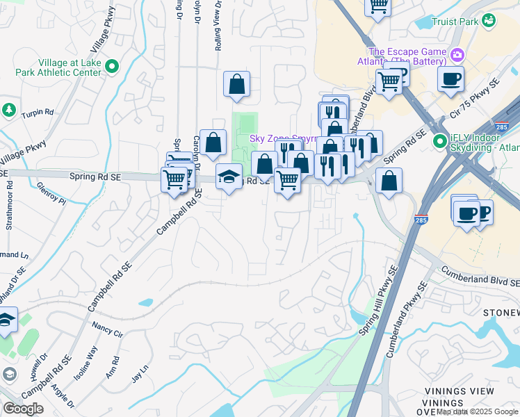 map of restaurants, bars, coffee shops, grocery stores, and more near 2908 Woodruff Drive Southeast in Smyrna