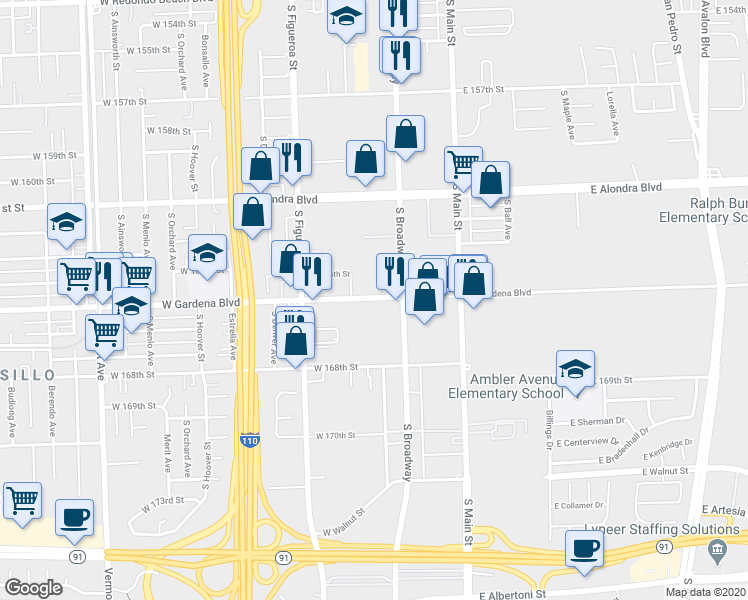 map of restaurants, bars, coffee shops, grocery stores, and more near 332 West Gardena Boulevard in Gardena