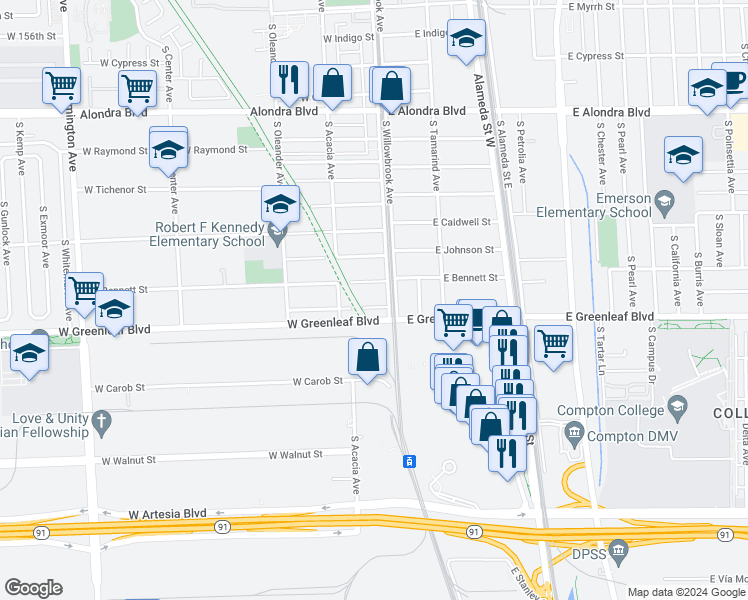 map of restaurants, bars, coffee shops, grocery stores, and more near 109 West Glencoe Street in Compton