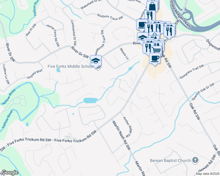 map of restaurants, bars, coffee shops, grocery stores, and more near 3406 Alcazar Drive Southwest in Lilburn