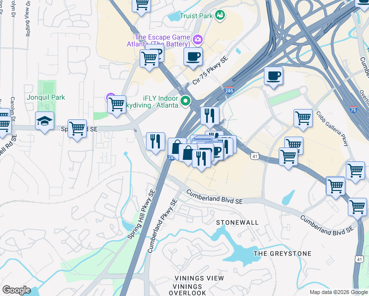 map of restaurants, bars, coffee shops, grocery stores, and more near The Perimeter in Atlanta