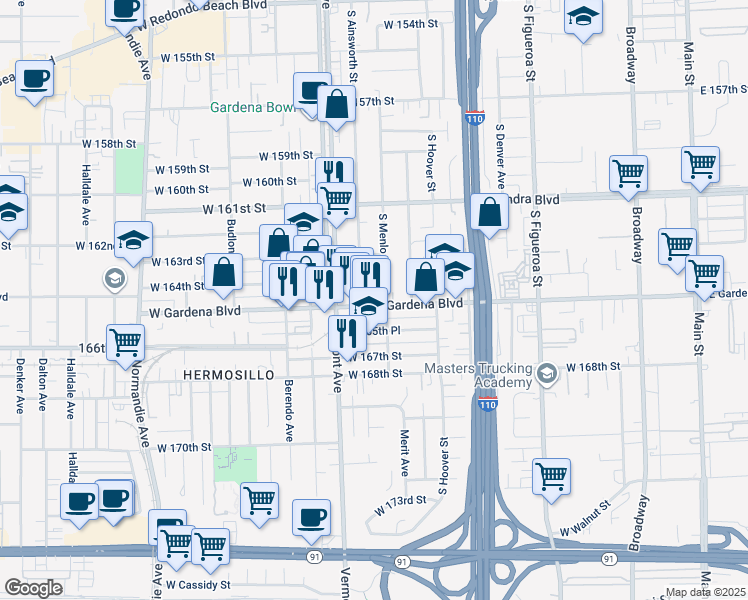 map of restaurants, bars, coffee shops, grocery stores, and more near 16420 South Ainsworth Street in Gardena
