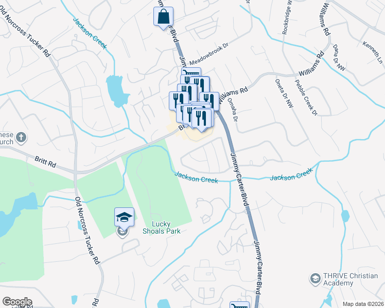 map of restaurants, bars, coffee shops, grocery stores, and more near 6613 Wandering Way Northwest in Norcross