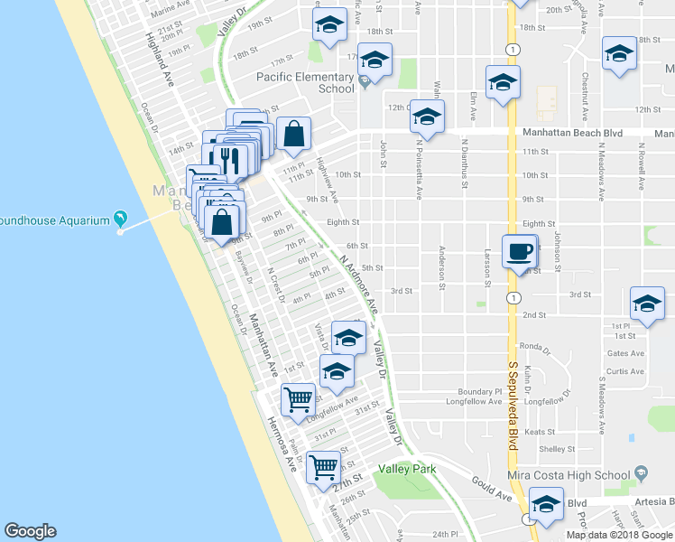 map of restaurants, bars, coffee shops, grocery stores, and more near 537 5th Street in Manhattan Beach