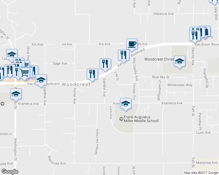 map of restaurants, bars, coffee shops, grocery stores, and more near 16356 Gamble Avenue in Riverside
