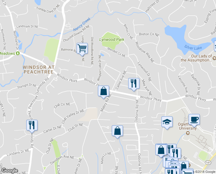 map of restaurants, bars, coffee shops, grocery stores, and more near 1234 Windsor Parkway in Atlanta