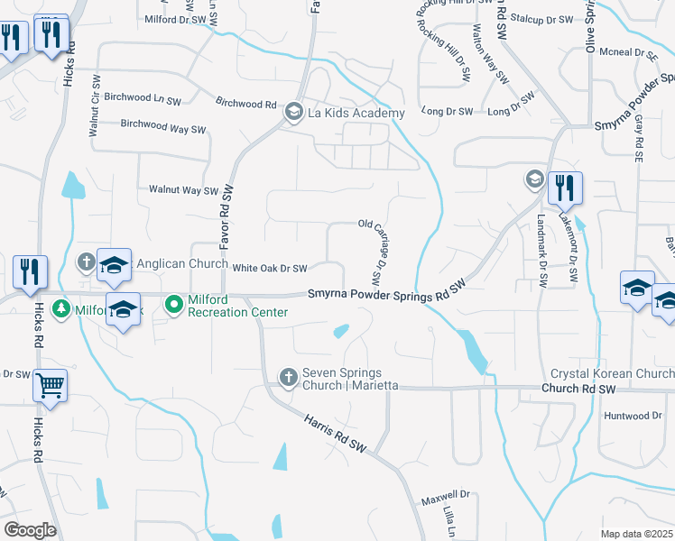 map of restaurants, bars, coffee shops, grocery stores, and more near 425 White Oak Drive Southwest in Marietta