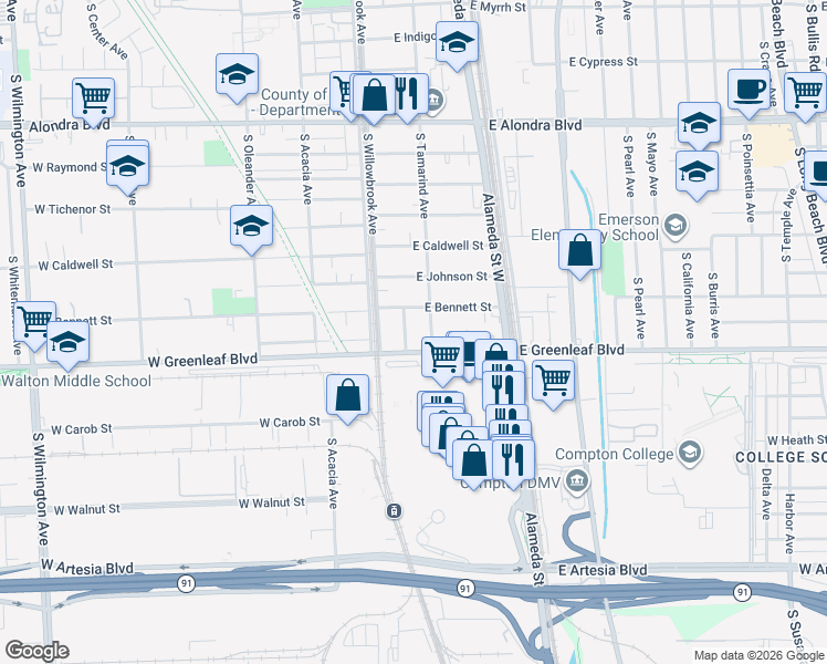 map of restaurants, bars, coffee shops, grocery stores, and more near 1514 South Bentley Avenue in Compton