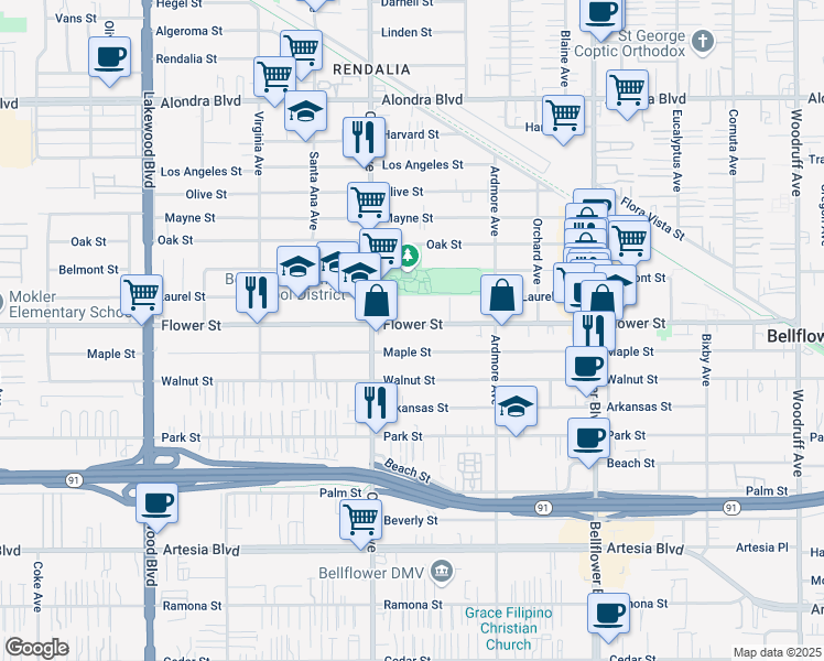 map of restaurants, bars, coffee shops, grocery stores, and more near 9438 Flower Street in Bellflower