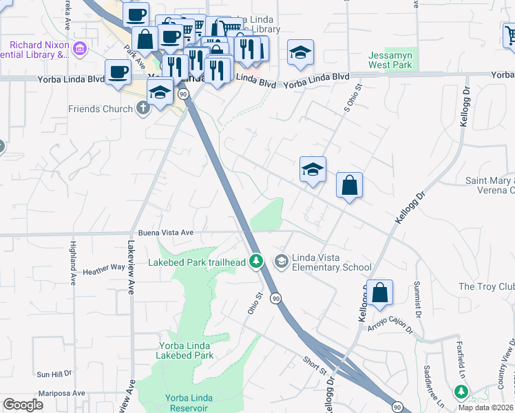 map of restaurants, bars, coffee shops, grocery stores, and more near 5450 Sunset Lane in Yorba Linda