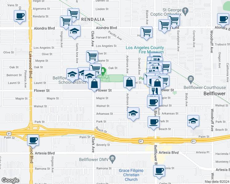 map of restaurants, bars, coffee shops, grocery stores, and more near 9526 Flower Street in Bellflower