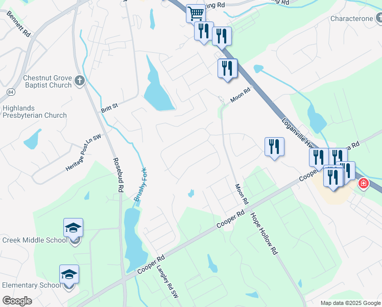 map of restaurants, bars, coffee shops, grocery stores, and more near 580 Besra Drive in Grayson