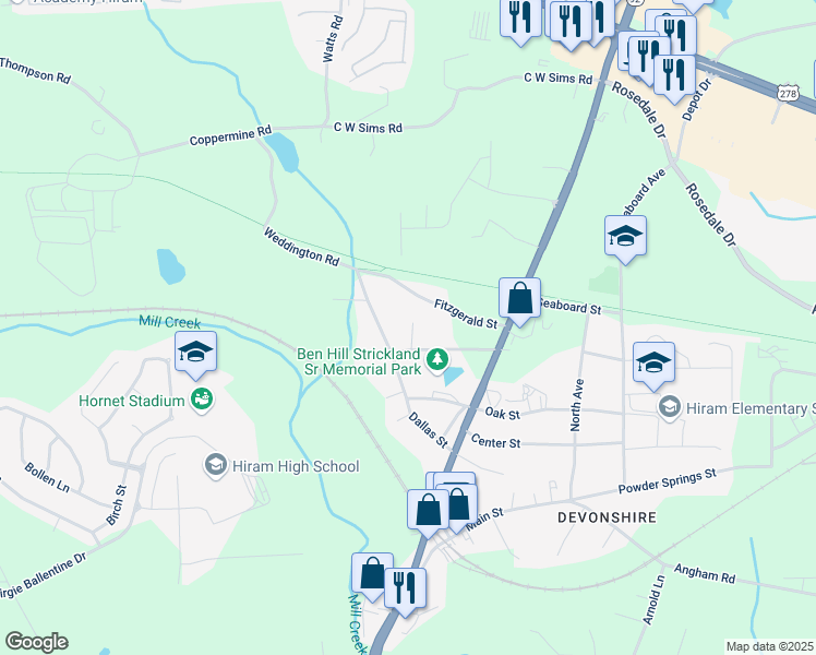 map of restaurants, bars, coffee shops, grocery stores, and more near 194 Alexander Street in Hiram