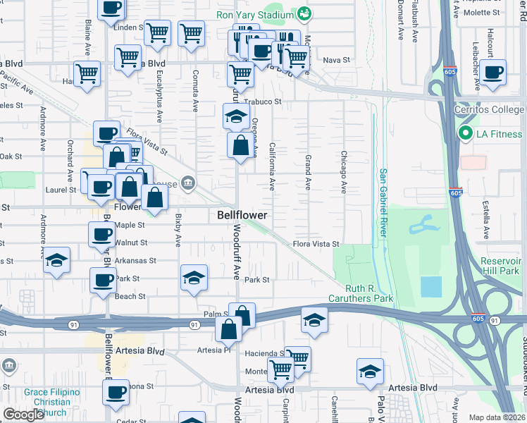 map of restaurants, bars, coffee shops, grocery stores, and more near 10231 Flora Vista Street in Bellflower