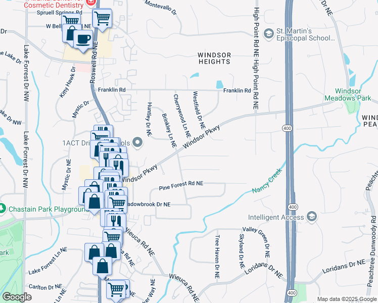 map of restaurants, bars, coffee shops, grocery stores, and more near 425 Windsor Parkway in Atlanta