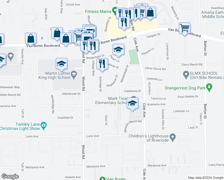 map of restaurants, bars, coffee shops, grocery stores, and more near 9233 Whiting Way in Riverside