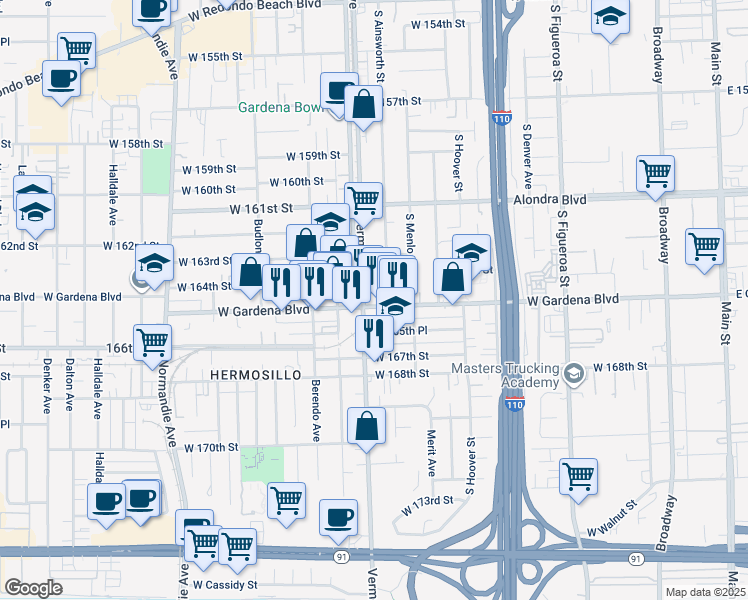 map of restaurants, bars, coffee shops, grocery stores, and more near 1003 West Gardena Boulevard in Gardena
