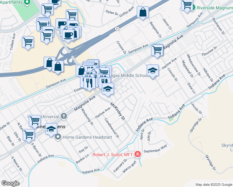 map of restaurants, bars, coffee shops, grocery stores, and more near 13038 Vía Salvia in Riverside