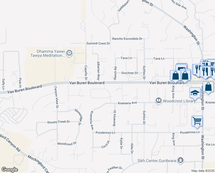 map of restaurants, bars, coffee shops, grocery stores, and more near 16272 Graceful Court in Riverside