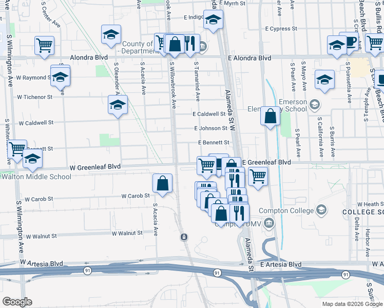 map of restaurants, bars, coffee shops, grocery stores, and more near 1514 South Bentley Avenue in Compton