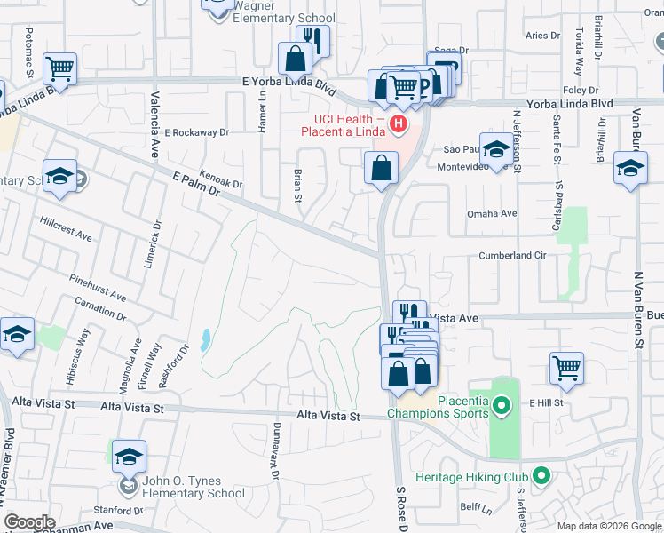 map of restaurants, bars, coffee shops, grocery stores, and more near 1029 Powell Drive in Placentia