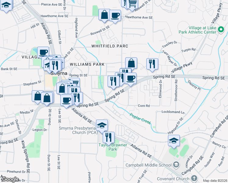 map of restaurants, bars, coffee shops, grocery stores, and more near 1529 Spring Road Southeast in Smyrna