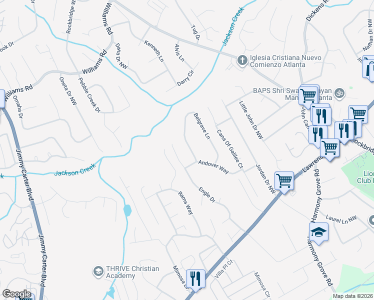 map of restaurants, bars, coffee shops, grocery stores, and more near 711 Belgrave Lane in Tucker