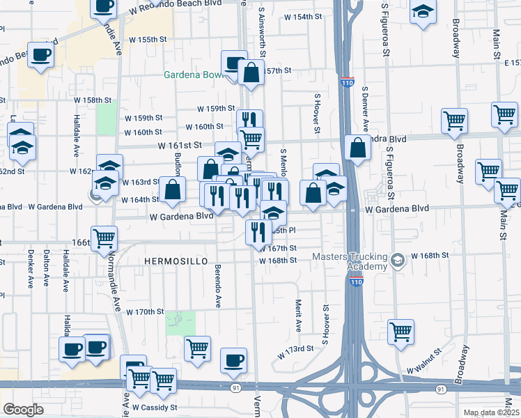 map of restaurants, bars, coffee shops, grocery stores, and more near 16420 South Ainsworth Street in Gardena