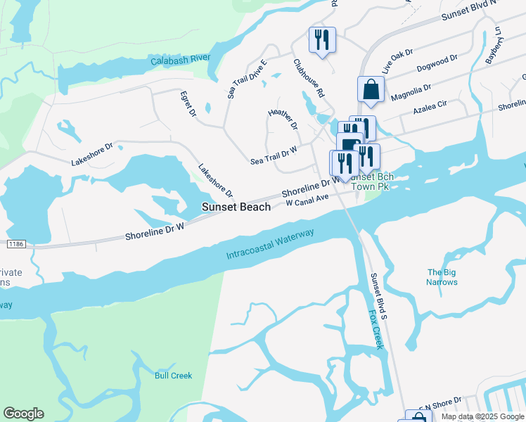 map of restaurants, bars, coffee shops, grocery stores, and more near 303 Shoreline Drive West in Sunset Beach