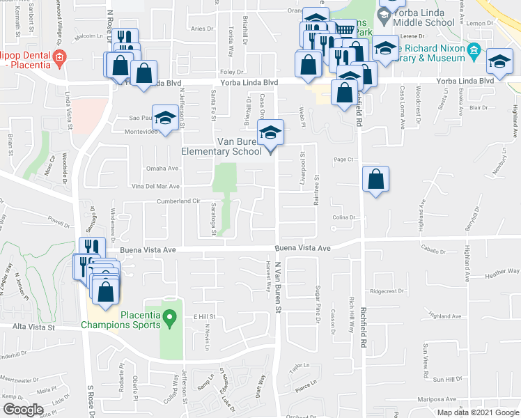 map of restaurants, bars, coffee shops, grocery stores, and more near 1559 Everglade Circle in Placentia