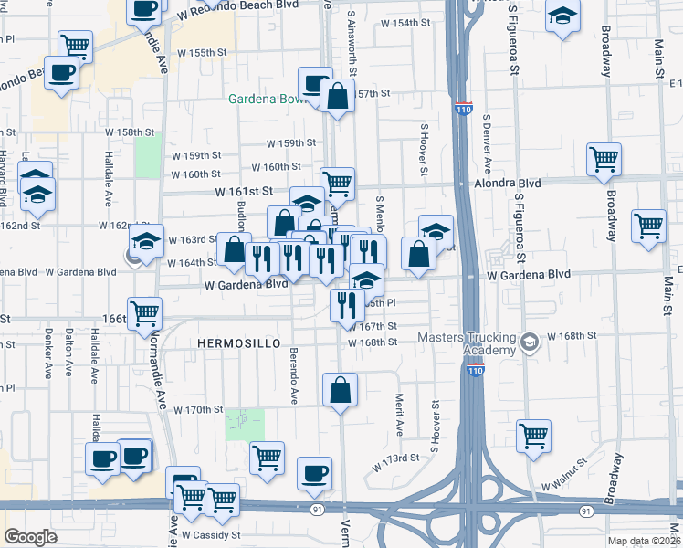 map of restaurants, bars, coffee shops, grocery stores, and more near 16414 South Vermont Avenue in Gardena