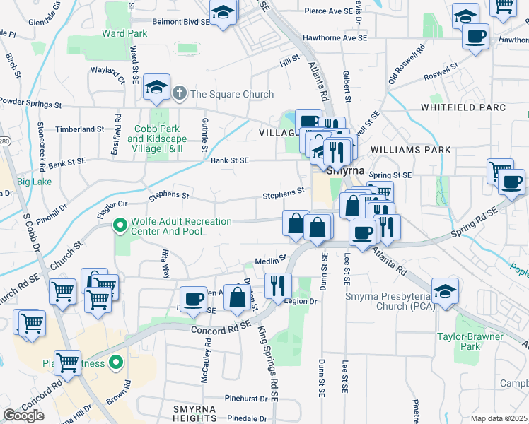 map of restaurants, bars, coffee shops, grocery stores, and more near 2928 Davis Street in Smyrna