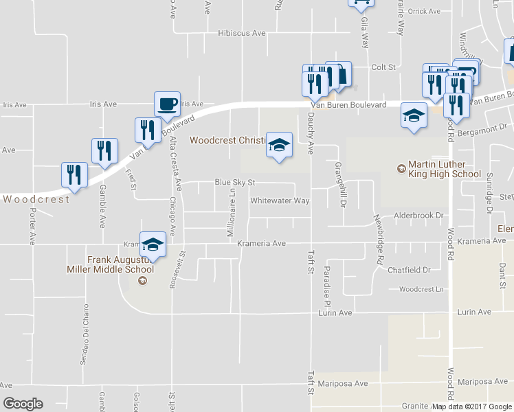 map of restaurants, bars, coffee shops, grocery stores, and more near 18317 Whitewater Way in Riverside
