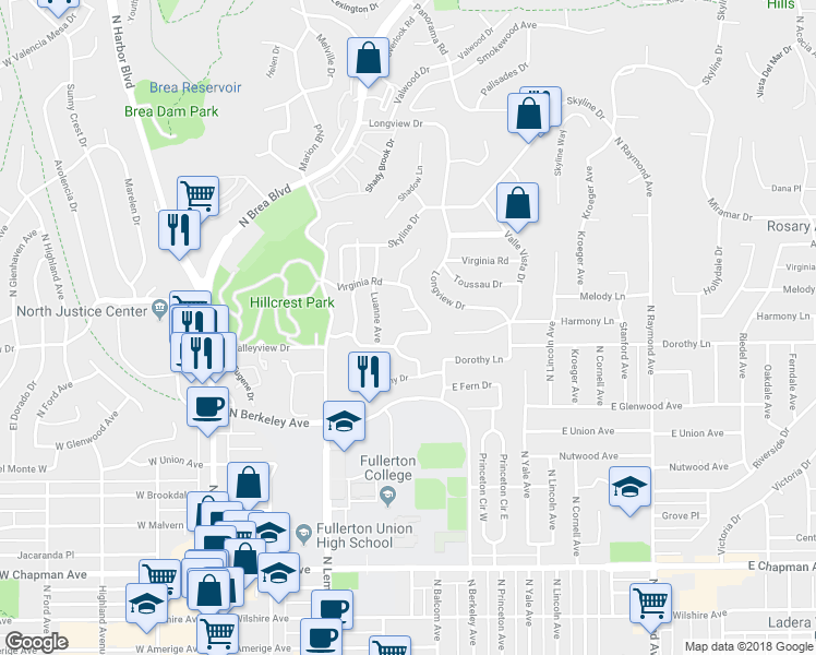 map of restaurants, bars, coffee shops, grocery stores, and more near 1219 Sheppard Drive in Fullerton