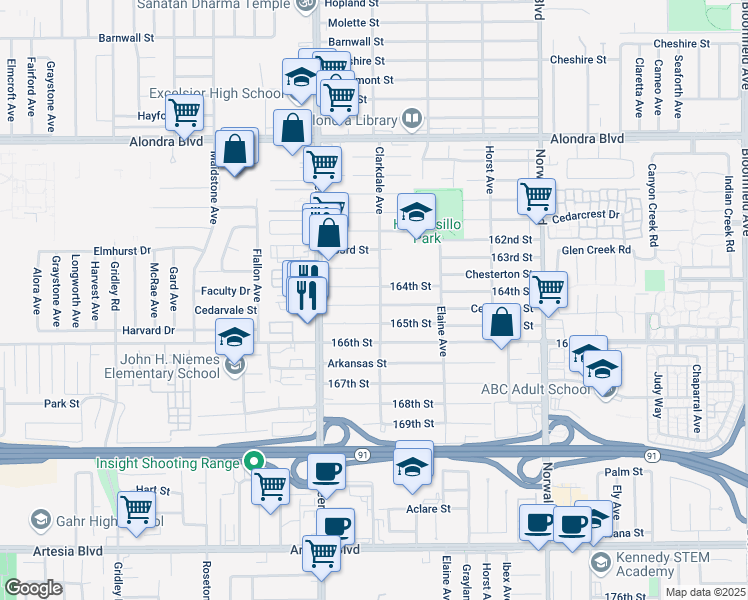 map of restaurants, bars, coffee shops, grocery stores, and more near 11867 Cedarvale Street in Norwalk