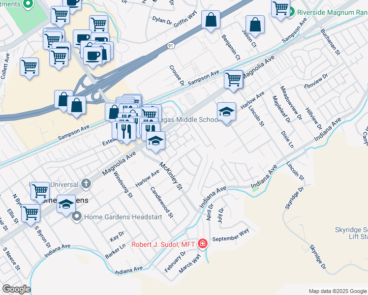 map of restaurants, bars, coffee shops, grocery stores, and more near 3707 Calle Curacso in Riverside