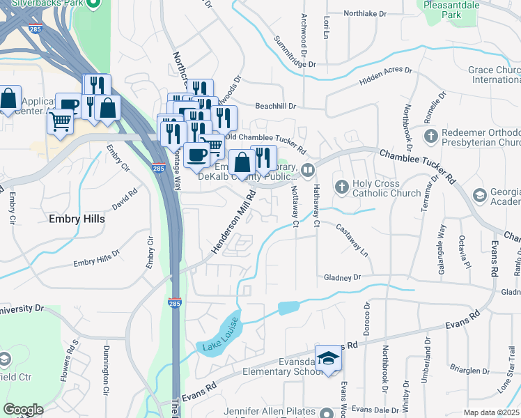 map of restaurants, bars, coffee shops, grocery stores, and more near 3301 Henderson Mill Road in Chamblee