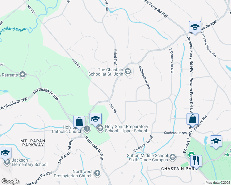 map of restaurants, bars, coffee shops, grocery stores, and more near 670 Mount Paran Road Northwest in Atlanta