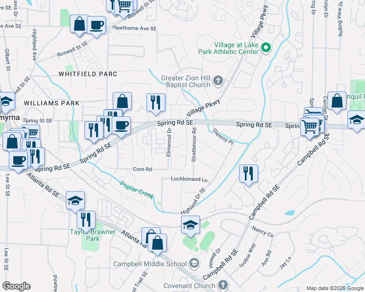 map of restaurants, bars, coffee shops, grocery stores, and more near 1898 Spring Road Southeast in Smyrna