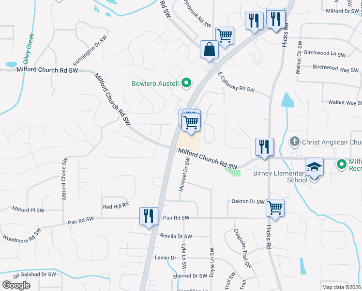 map of restaurants, bars, coffee shops, grocery stores, and more near 1172 Milford Church Road Southwest in Marietta