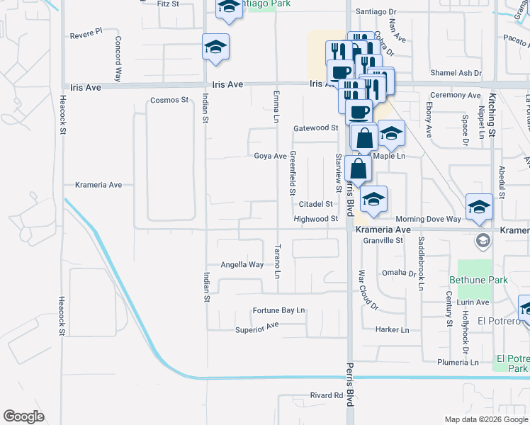map of restaurants, bars, coffee shops, grocery stores, and more near 24670 Moonlight Drive in Moreno Valley
