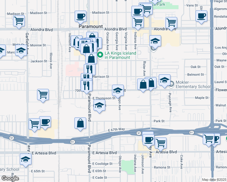map of restaurants, bars, coffee shops, grocery stores, and more near 3064 70th Street in Long Beach