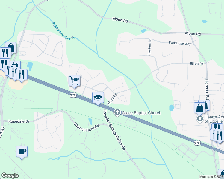 map of restaurants, bars, coffee shops, grocery stores, and more near 1101 Silverbrook Drive in Powder Springs
