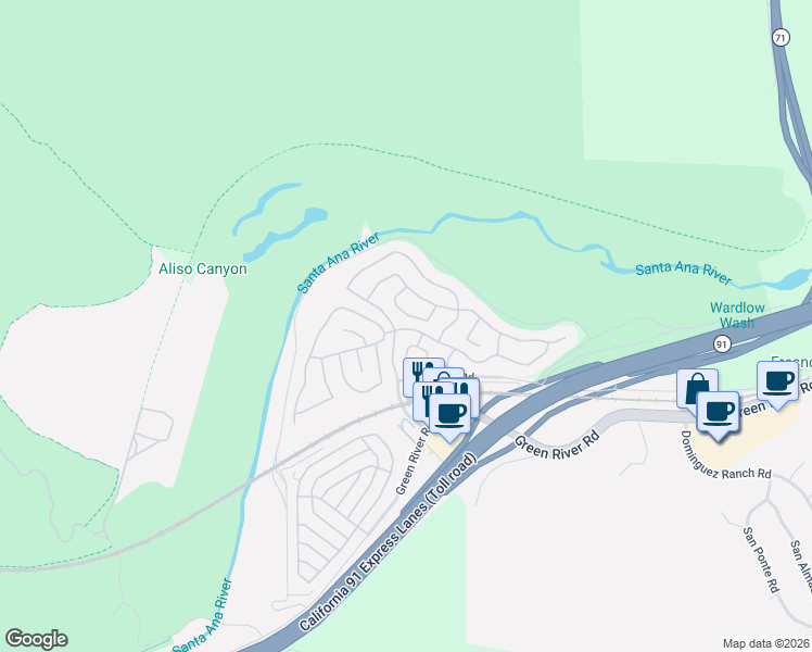 map of restaurants, bars, coffee shops, grocery stores, and more near 4790 Pennyroyal Drive in Corona