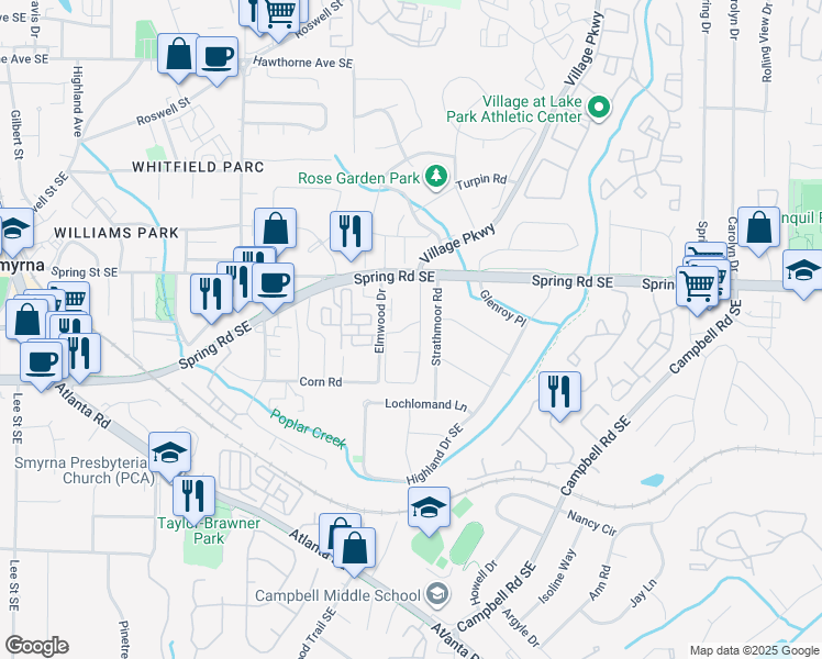 map of restaurants, bars, coffee shops, grocery stores, and more near 1898 Spring Road Southeast in Smyrna