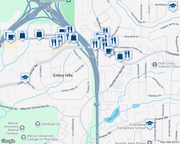 map of restaurants, bars, coffee shops, grocery stores, and more near 3613 Embry Circle in Chamblee